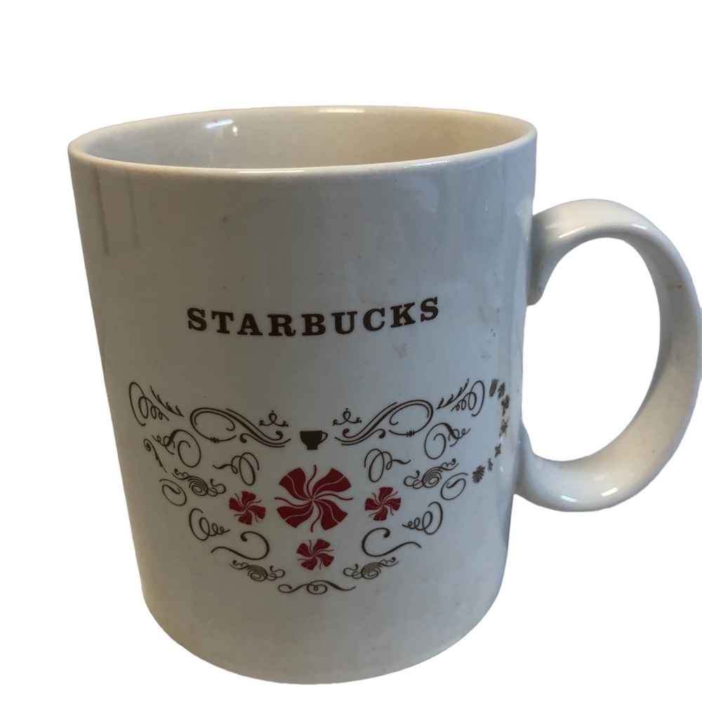 Vintage Starbucks Coffee Mug (2009) Red Pinwheel with Brown Peppermint Squiggles